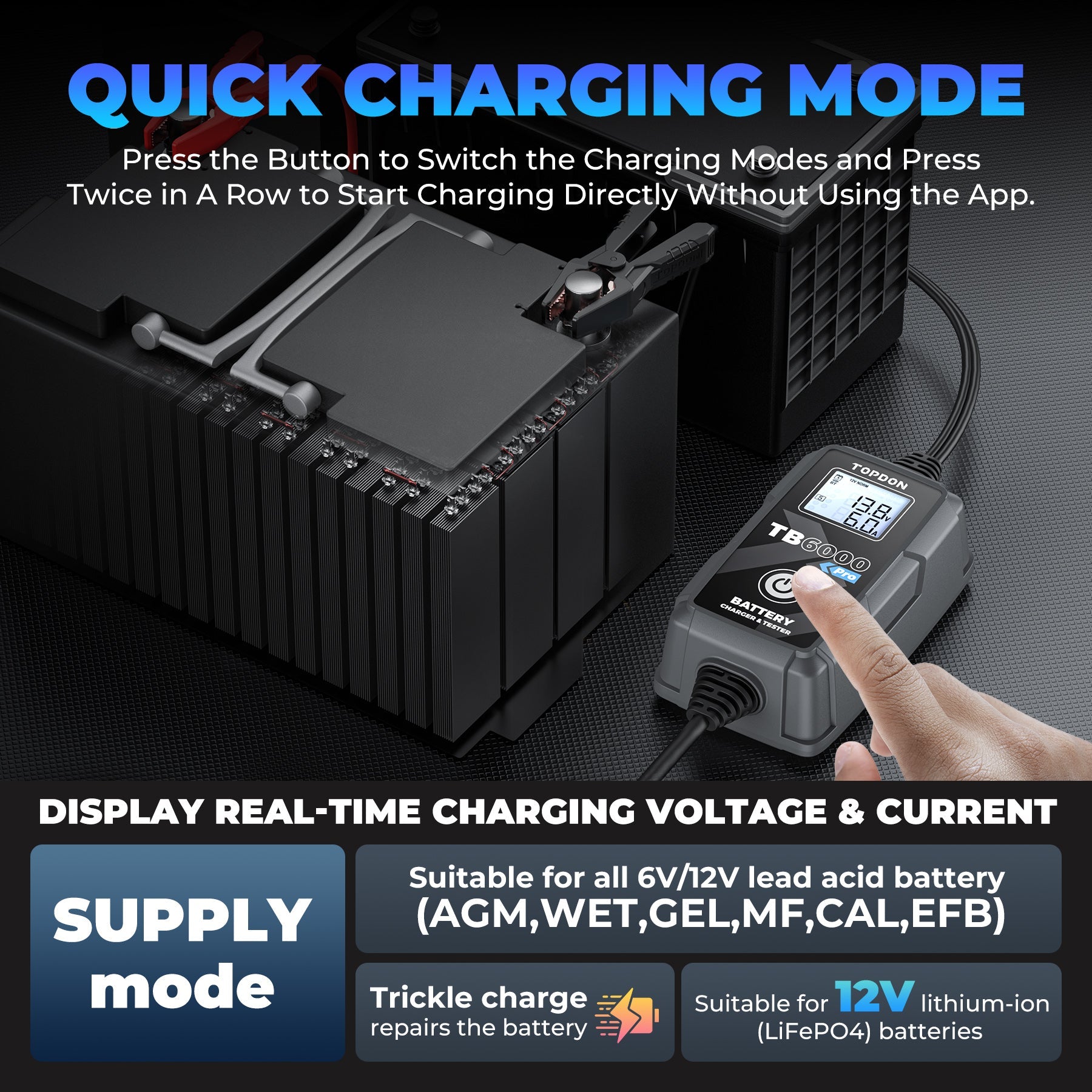 TOPDON 2-in-1 6A Battery Charger & Battery Tester with App