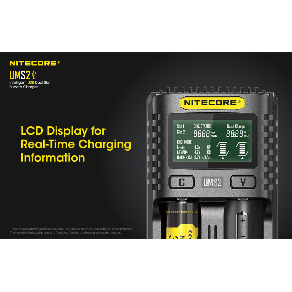 Nitecore UMS2 Dual-Slot USB-C Fast Charger, for 18650, 21700 batteries