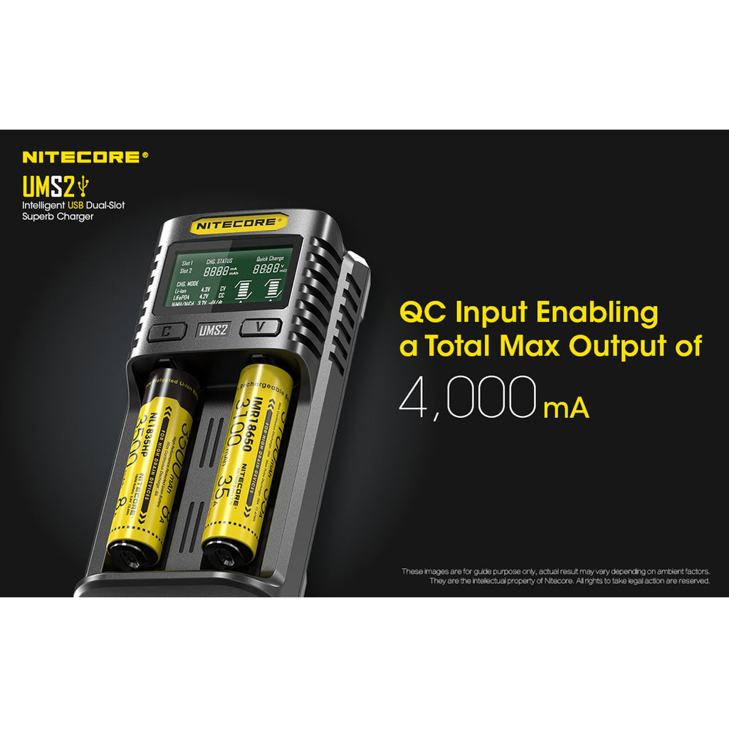 Nitecore UMS2 Dual-Slot USB-C Fast Charger, for 18650, 21700 batteries