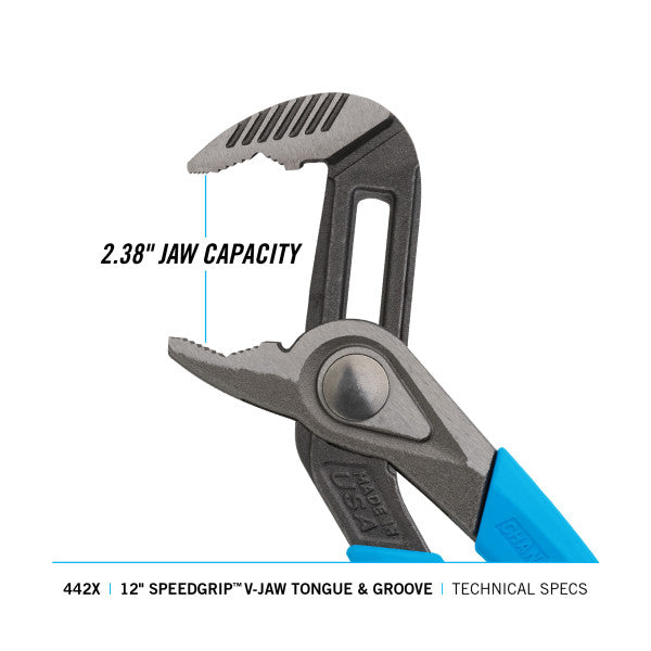 Channellock 12-Inch V-Jaw Tongue & Groove Pliers for Maximum Grip and Versatility SPEEDGRIP