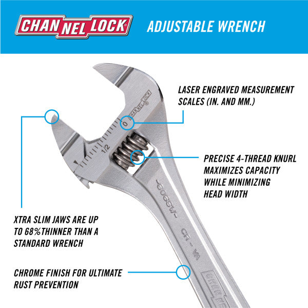 Channellock 6-Inch Precision Adjustable Wrench with Extra Slim Jaw