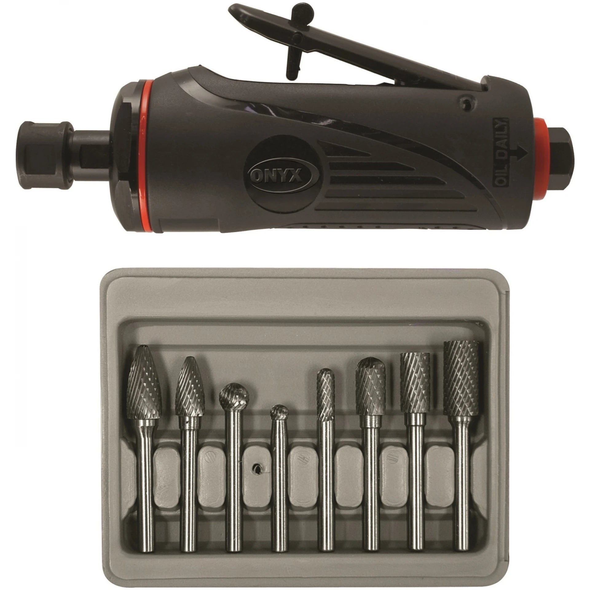 ONYX 2pc Die Grinder Kit with 1/4″ Medium Die Grinder and 8pc. Double Cut Carbide Rotary Burr Set