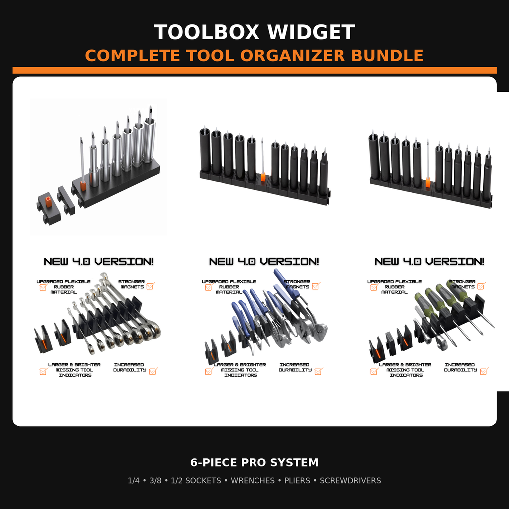 Toolbox Widget complete six-piece tool organizer bundle for sockets, wrenches, pliers, and screwdrivers